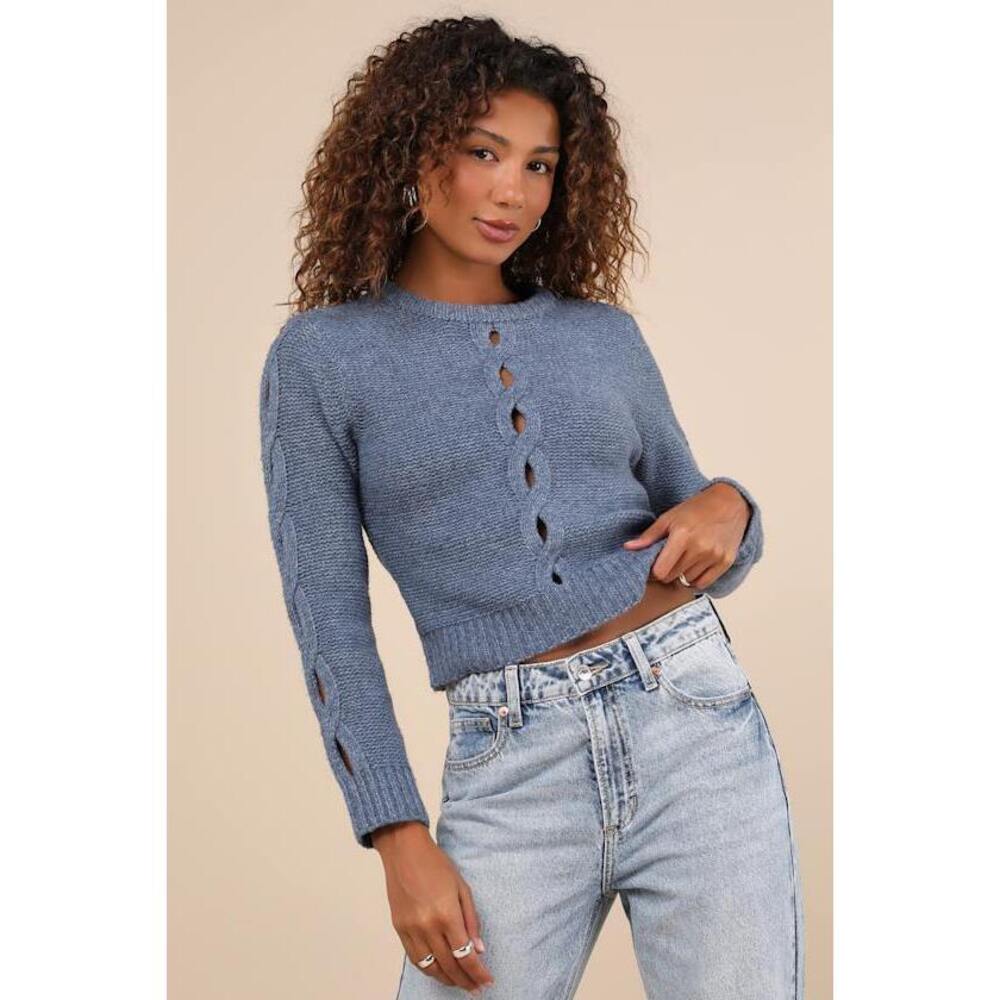 Lulus Cutout For Winter Heather Slate Blue Cable Knit Cutout Sweater - Size M